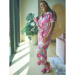 Oh Joy! X The Odells Pink Floral Jumpsuit With Belted Waist & Puff Sleeves Size